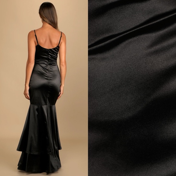 NWT LULUS Contemporary Romance Black Satin Tiered Mermaid Maxi Dress Black XL - Picture 2 of 12